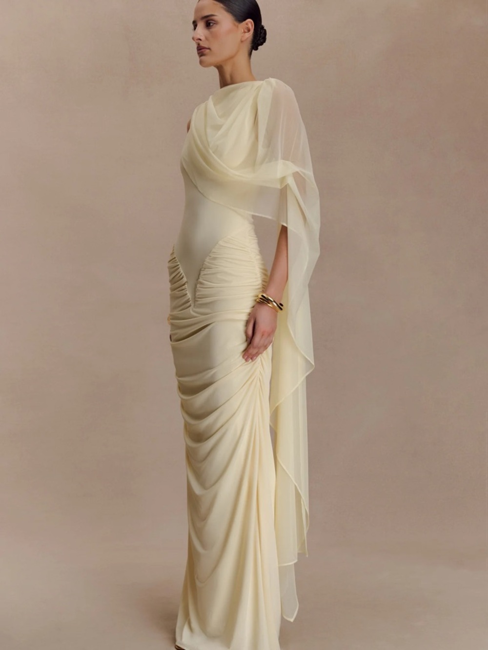 Meshki Pale Cream One-Shoulder Draped Maxi Dress - Picture 2 of 4